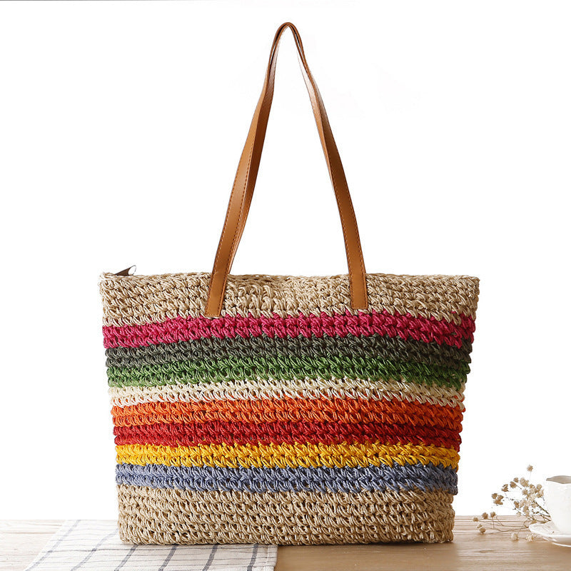 Handwoven Raffia Tote Bag with Colorful Stripes