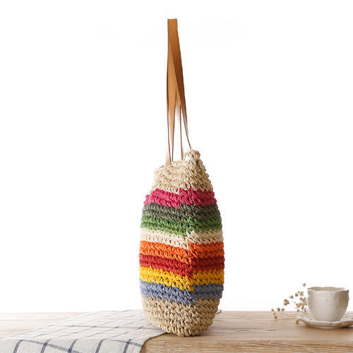 Handwoven Raffia Tote Bag with Colorful Stripes