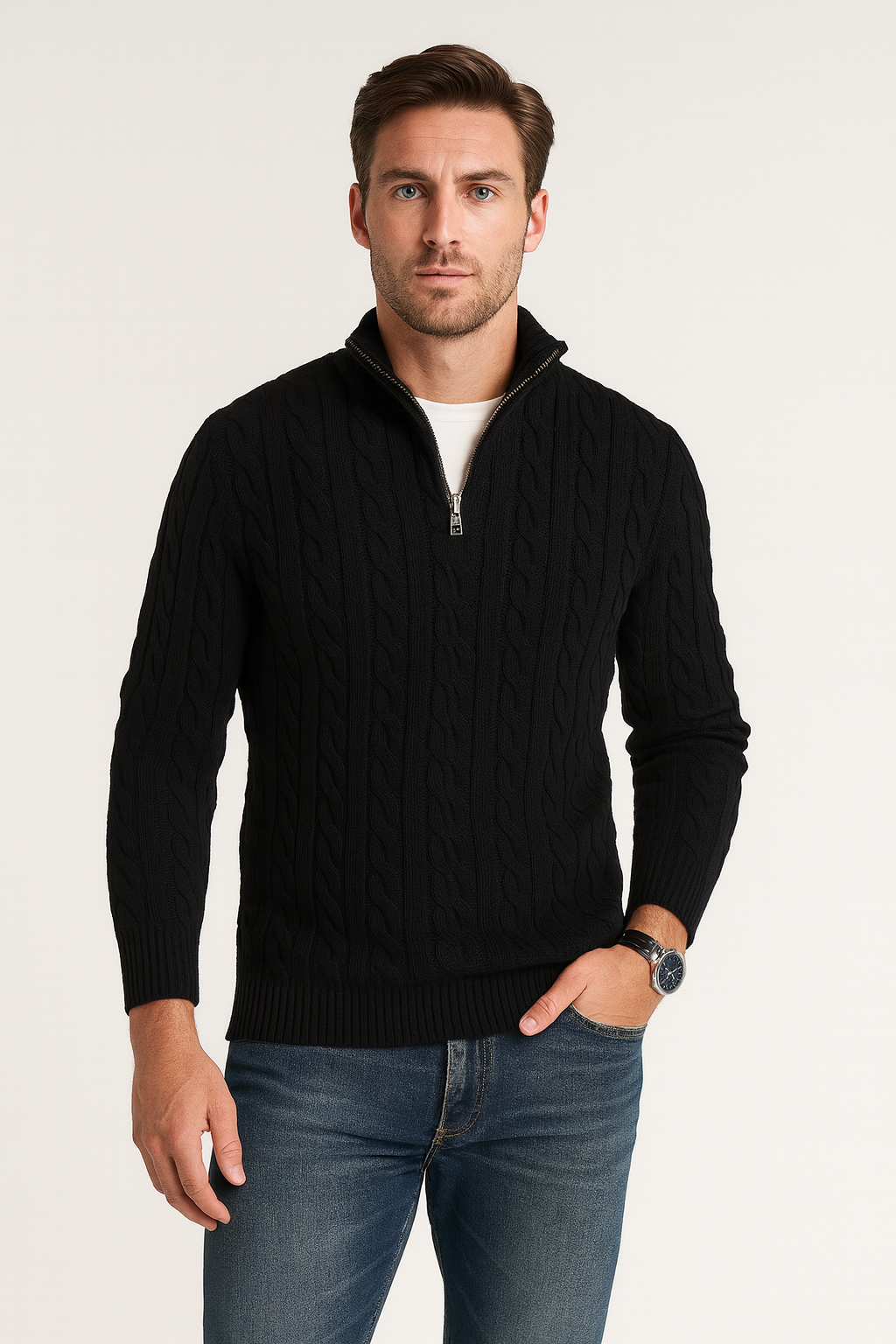 Image of Harrison | Men's Quarter-Zip Cable Knit Sweater