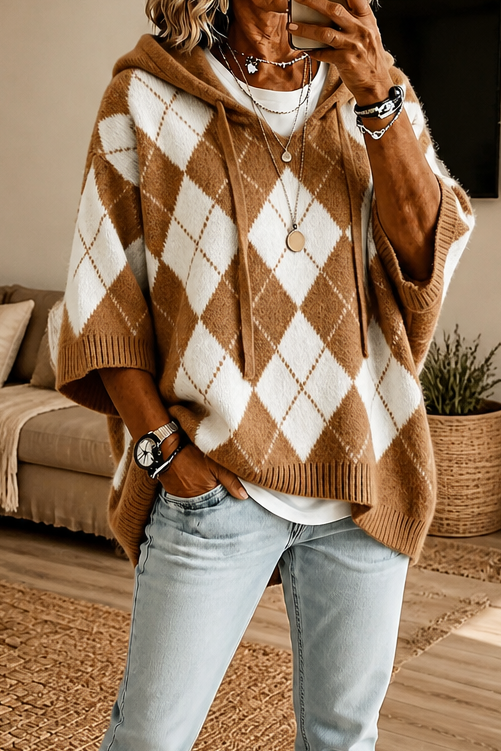 Hooded Argyle Batwing Poncho Sweater