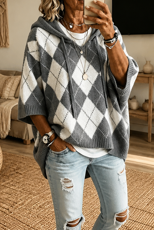 Hooded Argyle Batwing Poncho Sweater