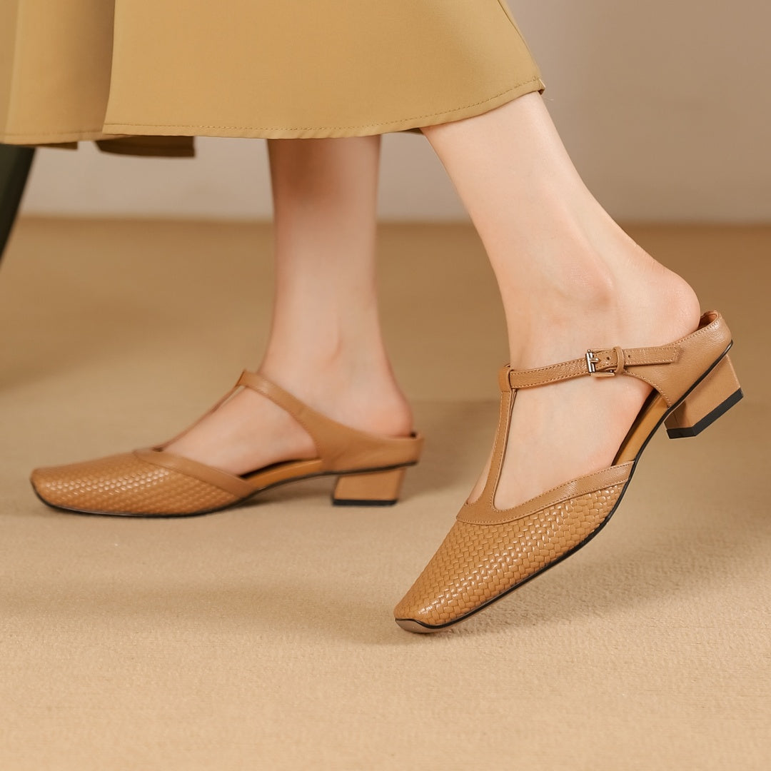 Image of Irene | Women's Backless Block Heel T-Strap Mules
