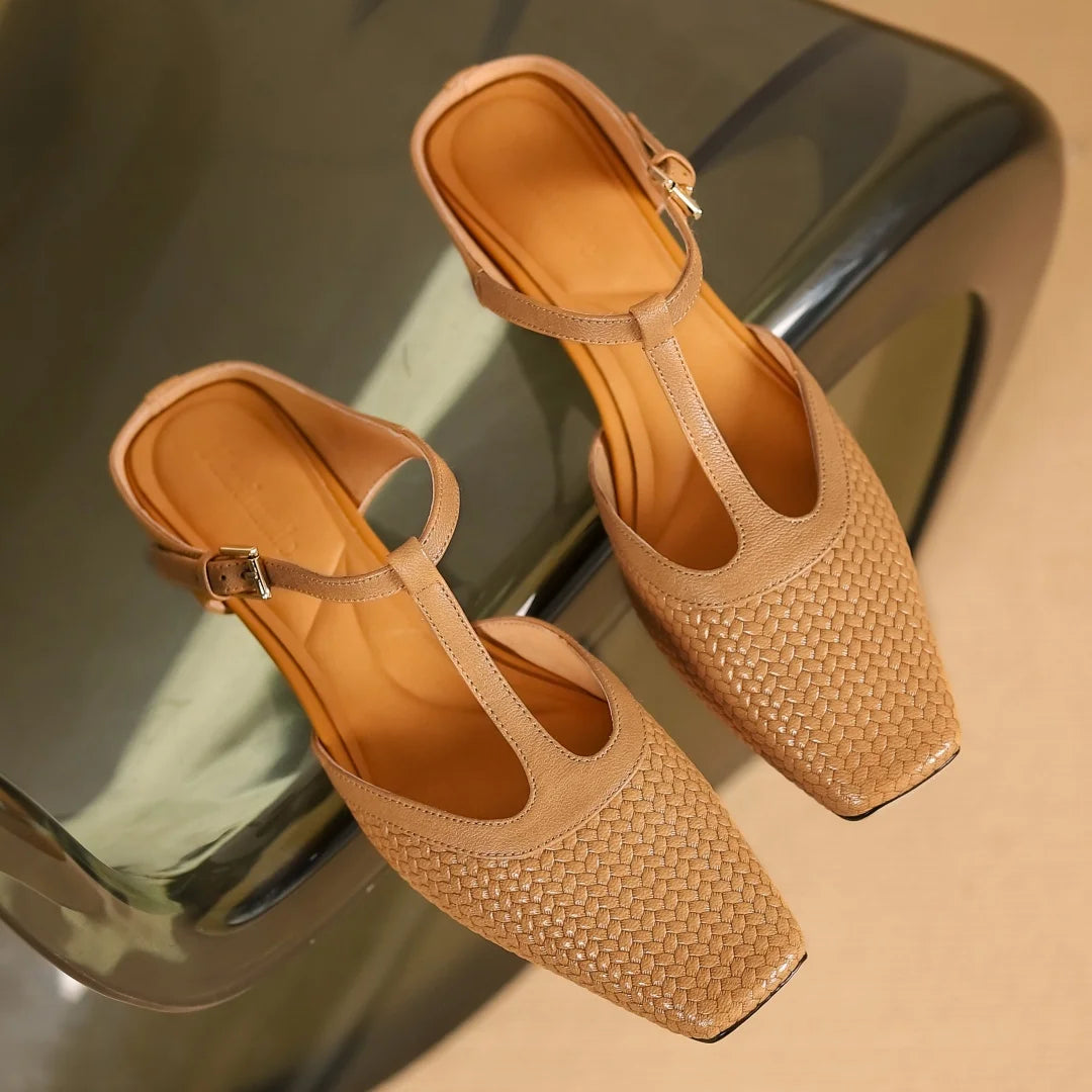 Image of Irene | Women's Backless Block Heel T-Strap Mules