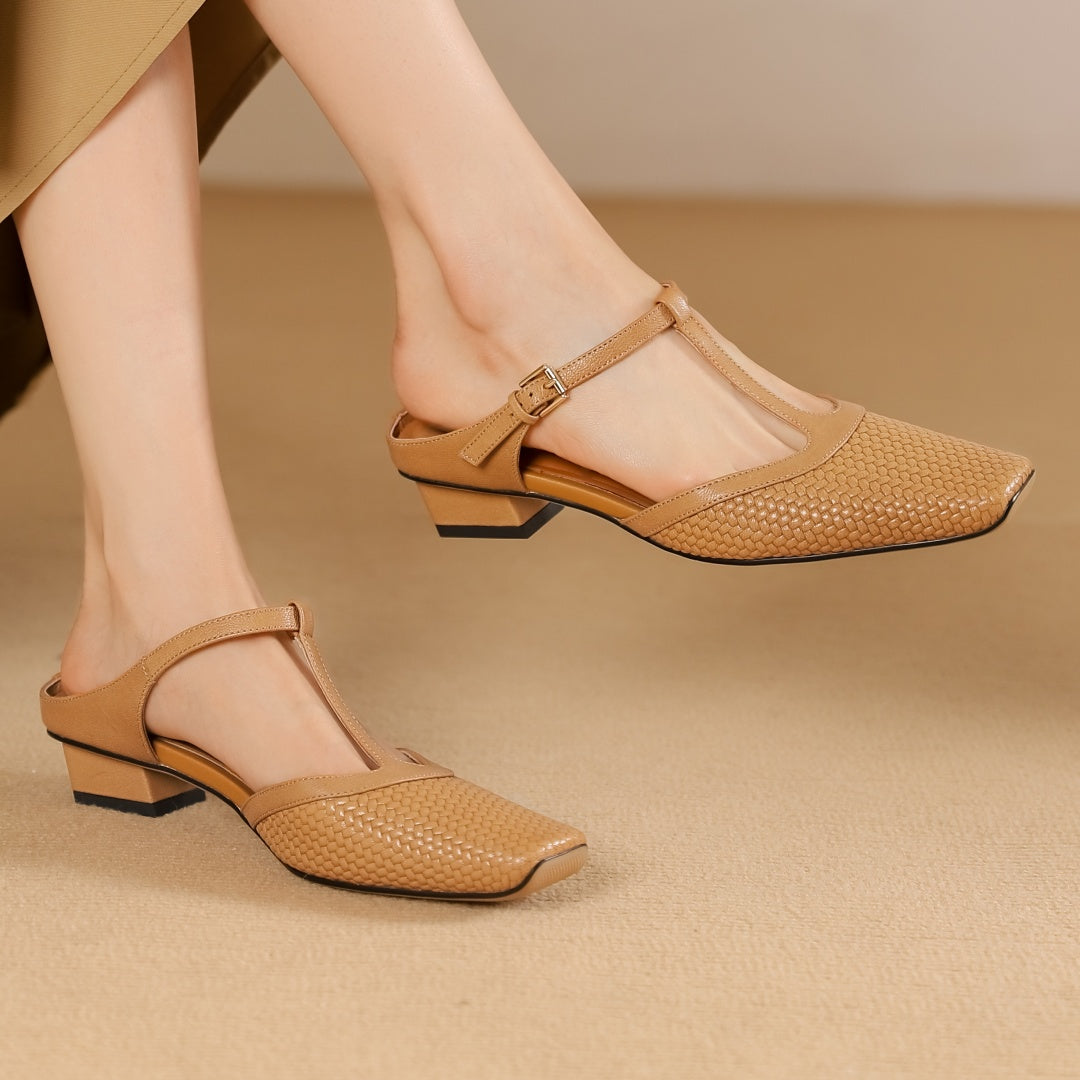 Image of Irene | Women's Backless Block Heel T-Strap Mules