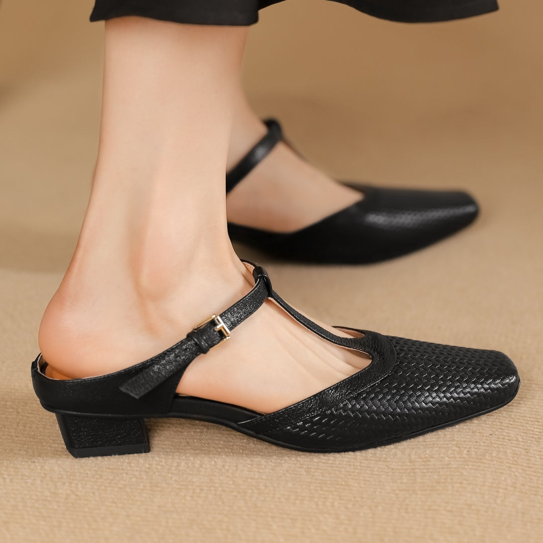 Image of Irene | Women's Backless Block Heel T-Strap Mules
