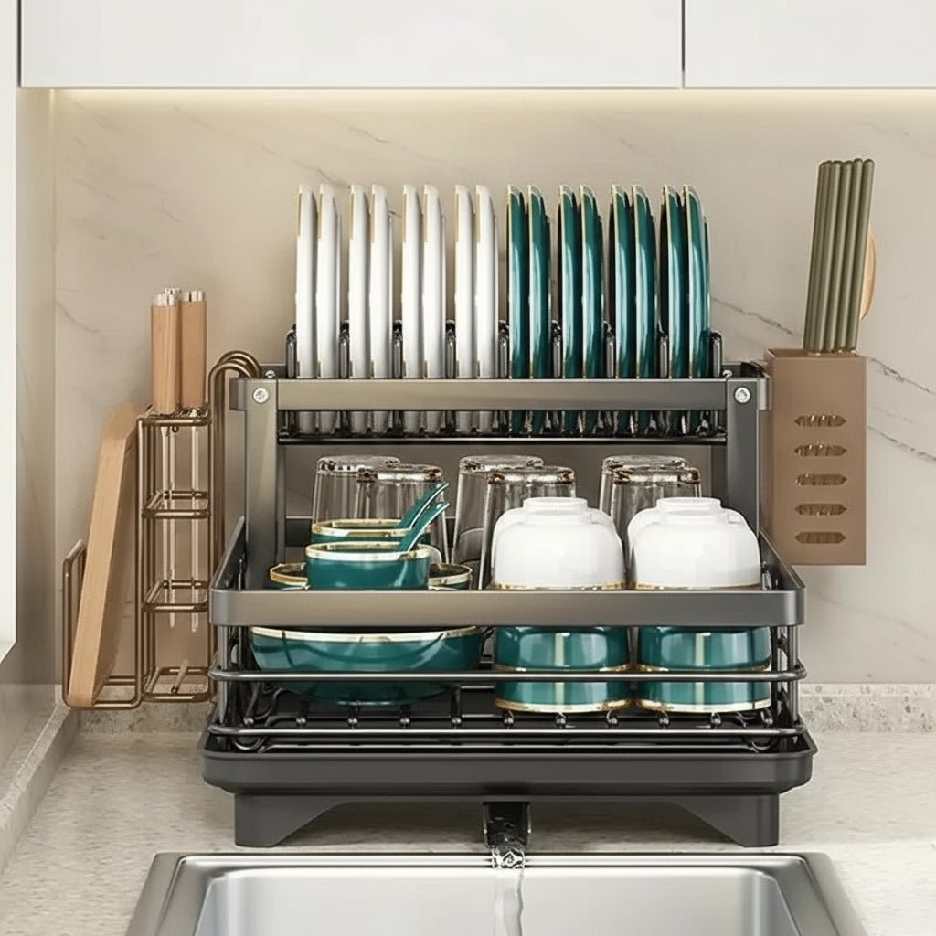 KITCHENFORM – Foldable stainless steel dish rack, space-saving design for modern kitchens