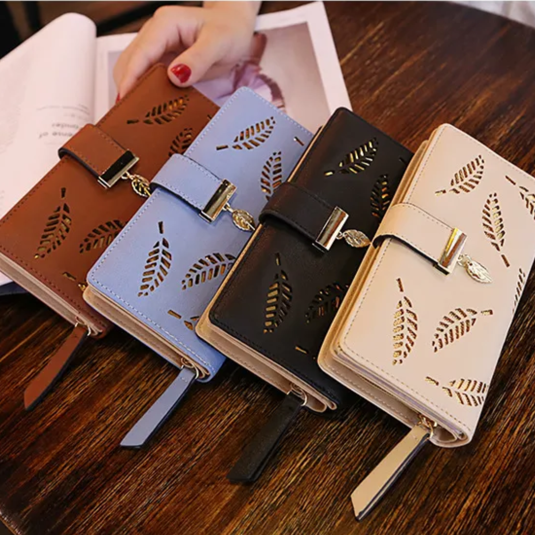 Leather Wallet with Golden Leaves