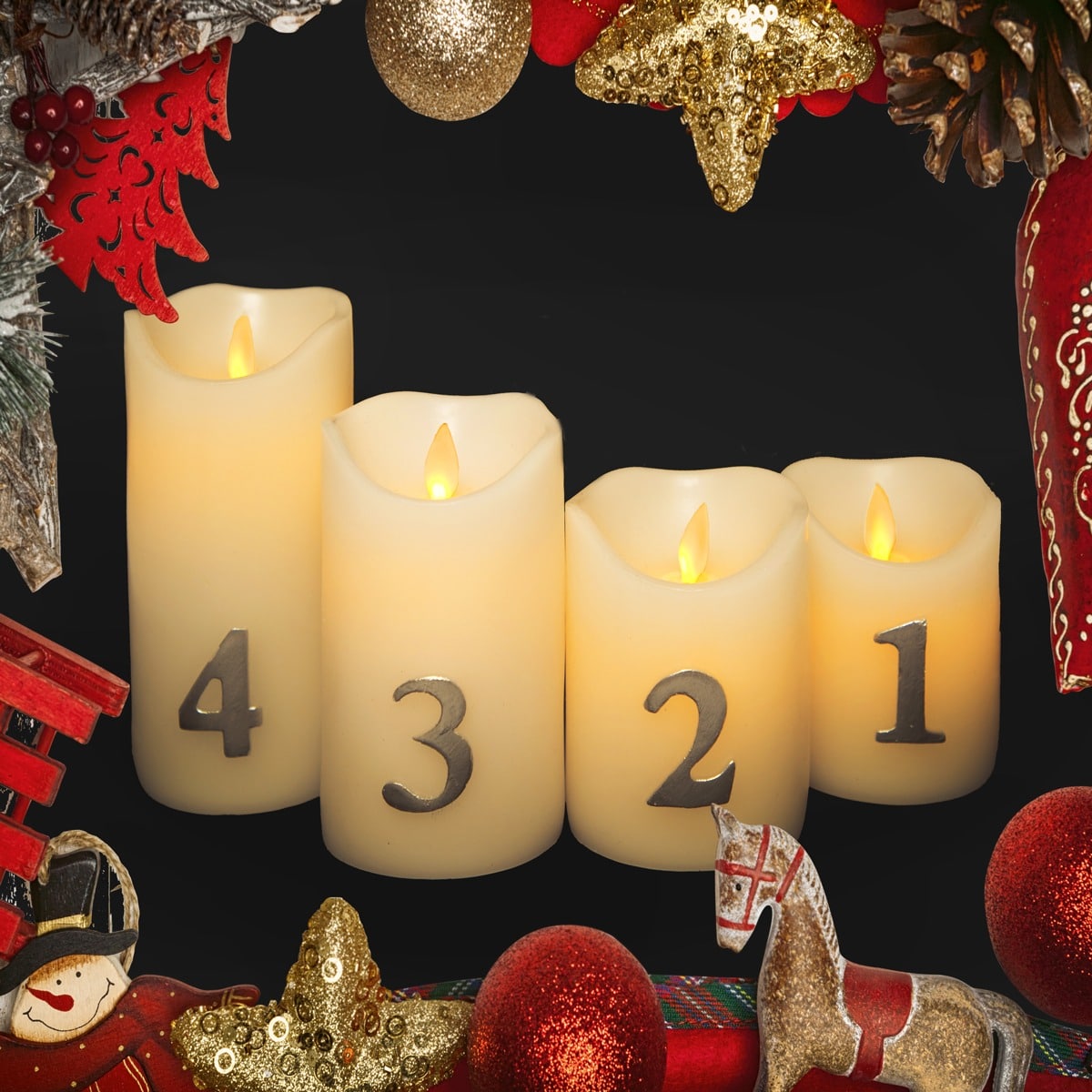 LED Advent Candles with Timer and Remote Control - Set of 4 - 3D Flame