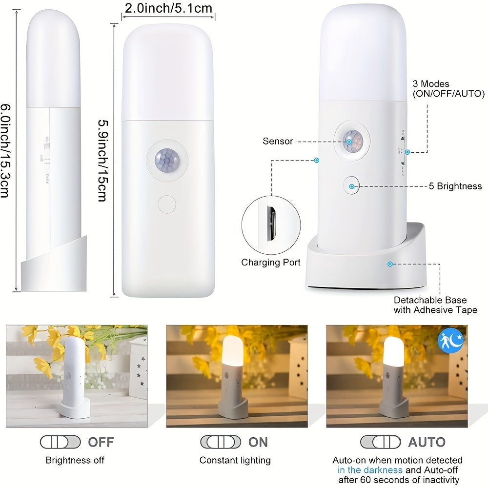 LED Night Light with Motion Sensor – Rechargeable via USB and Adjustable Brightness for Bedrooms and Hallways