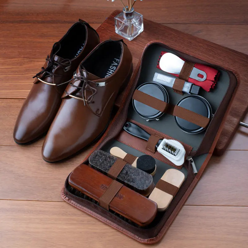 LuxeShine Shoe Care Kit 9 Pieces | Premium Horsehair Brush and Polish Kit for Leather Care