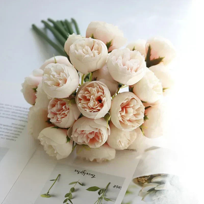 Lyra Silk Peony Bouquet With 27 Realistic Blooms In Romantic Tones