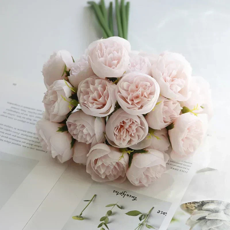Lyra Silk Peony Bouquet With 27 Realistic Blooms In Romantic Tones