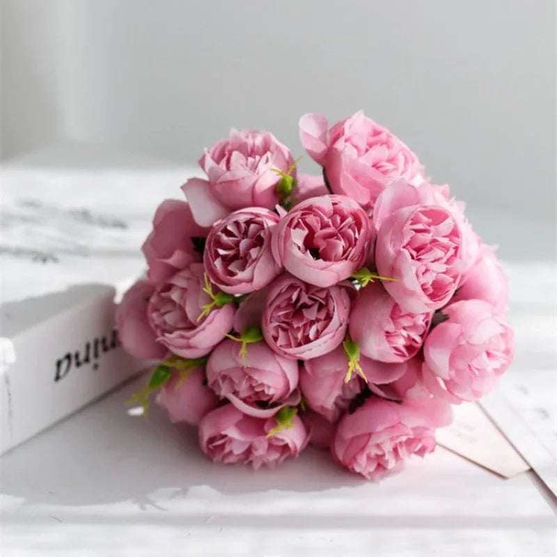 Lyra Silk Peony Bouquet With 27 Realistic Blooms In Romantic Tones