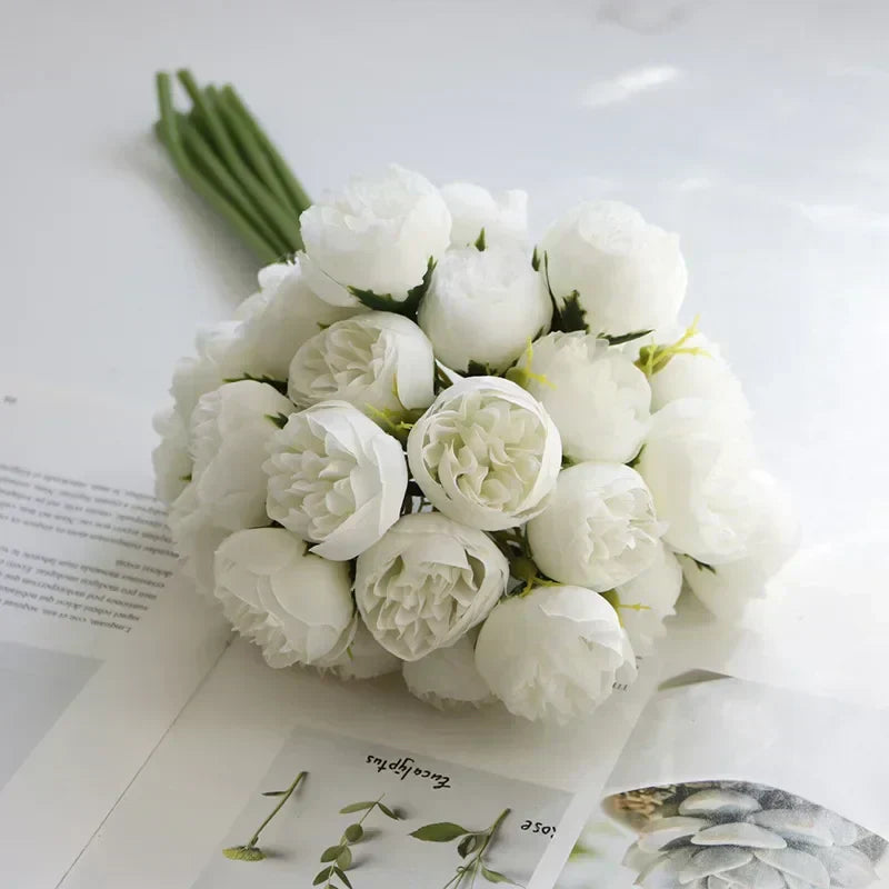 Lyra Silk Peony Bouquet With 27 Realistic Blooms In Romantic Tones