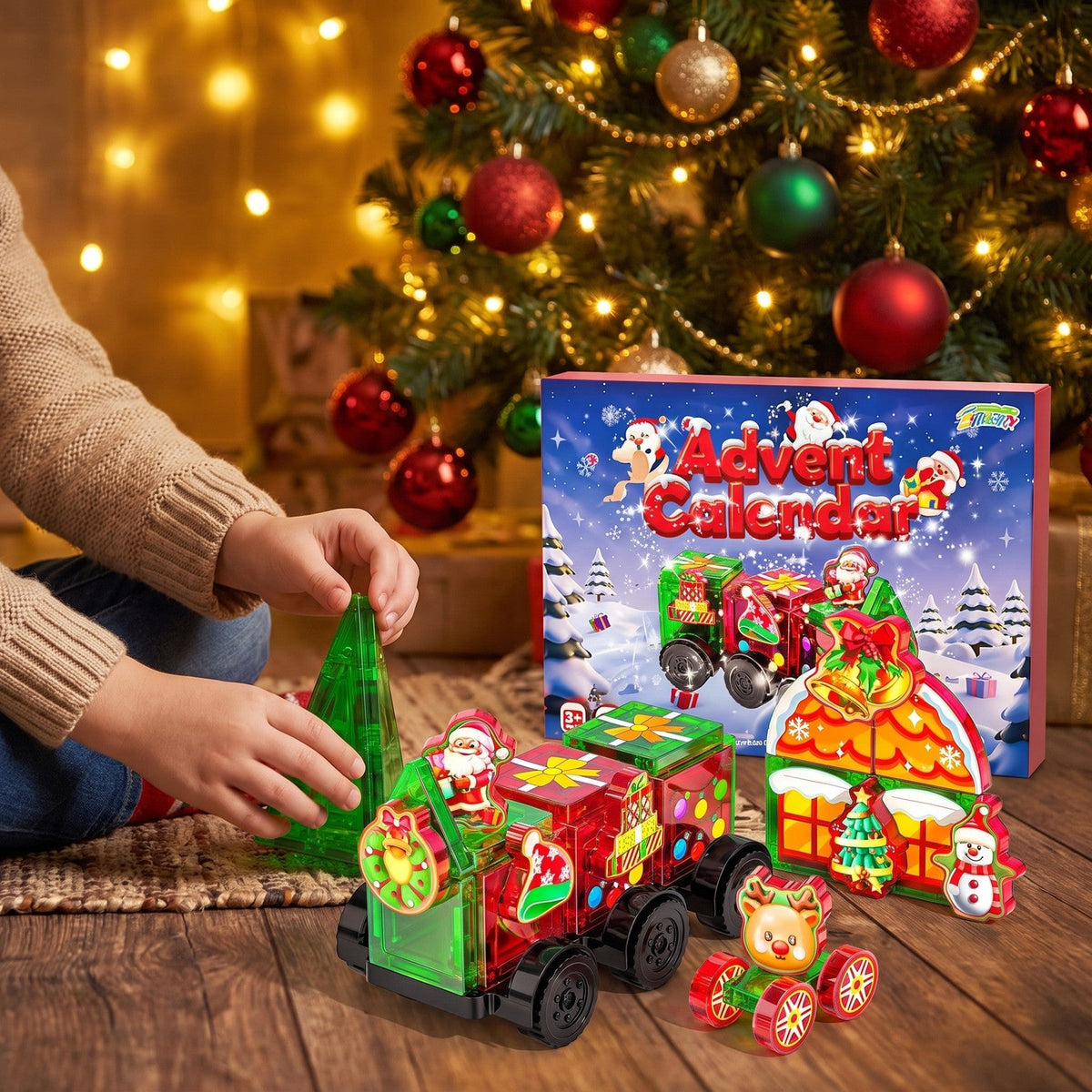 Magnetic Tile Christmas Train Advent Calendar, 45 Pieces with Santa and Reindeer