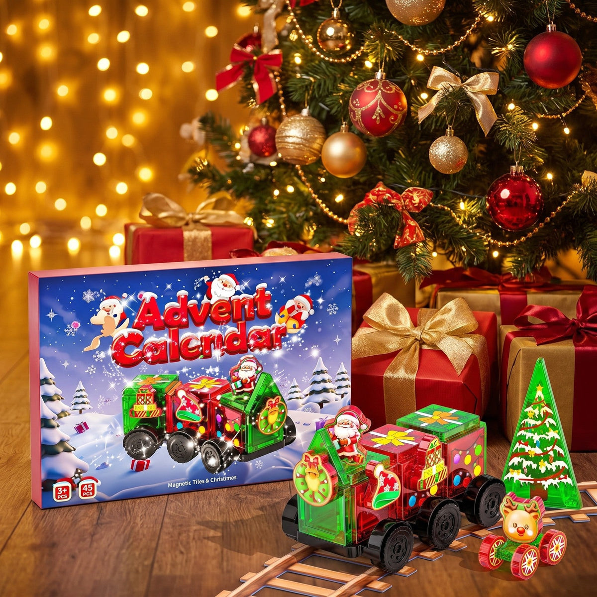 Magnetic Tile Christmas Train Advent Calendar, 45 Pieces with Santa and Reindeer