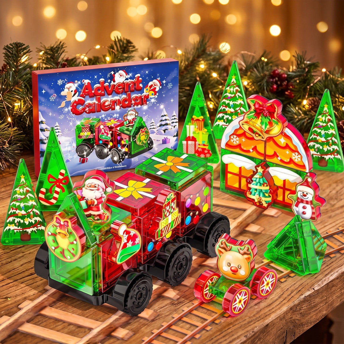 Magnetic Tile Christmas Train Advent Calendar, 45 Pieces with Santa and Reindeer