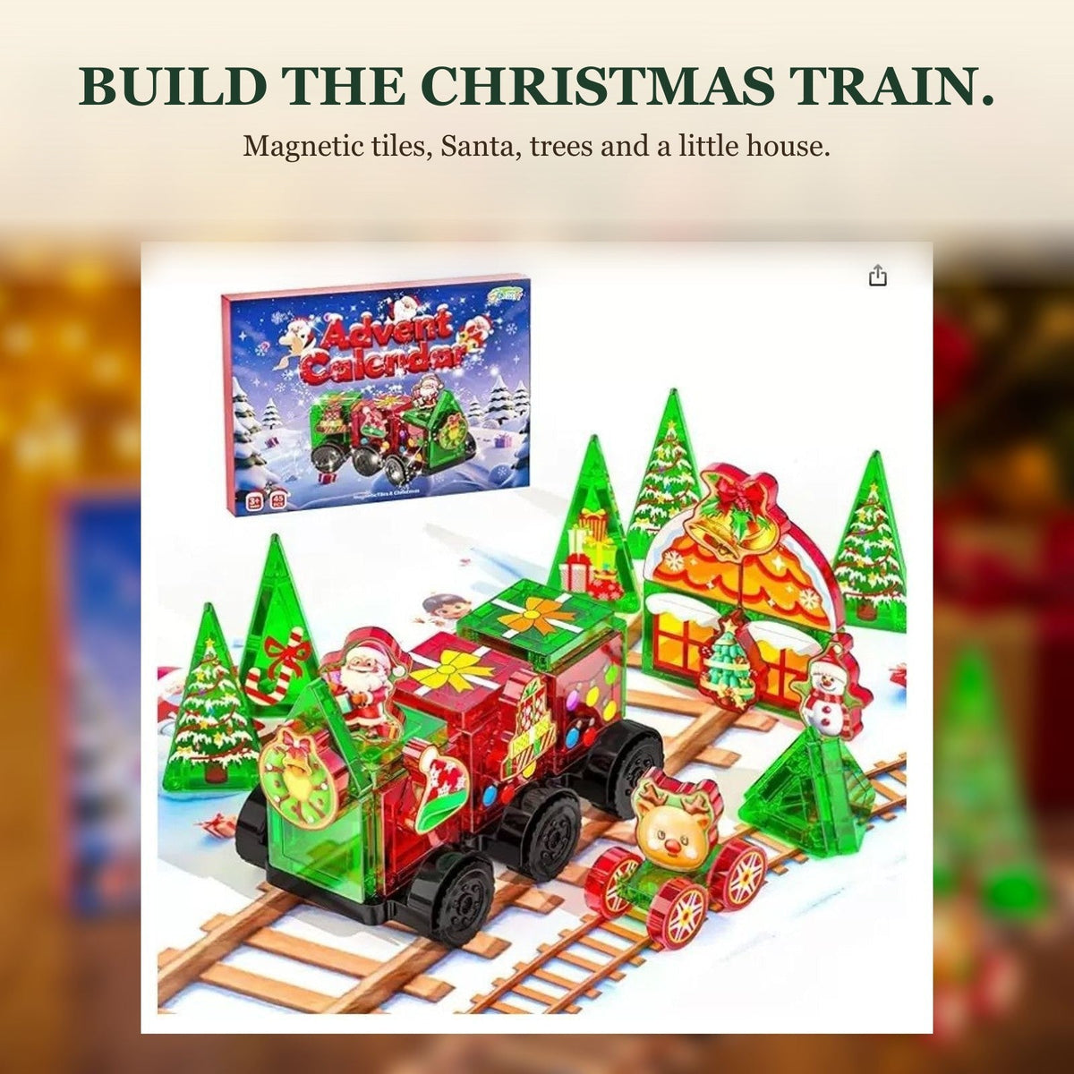 Magnetic Tile Christmas Train Advent Calendar, 45 Pieces with Santa and Reindeer