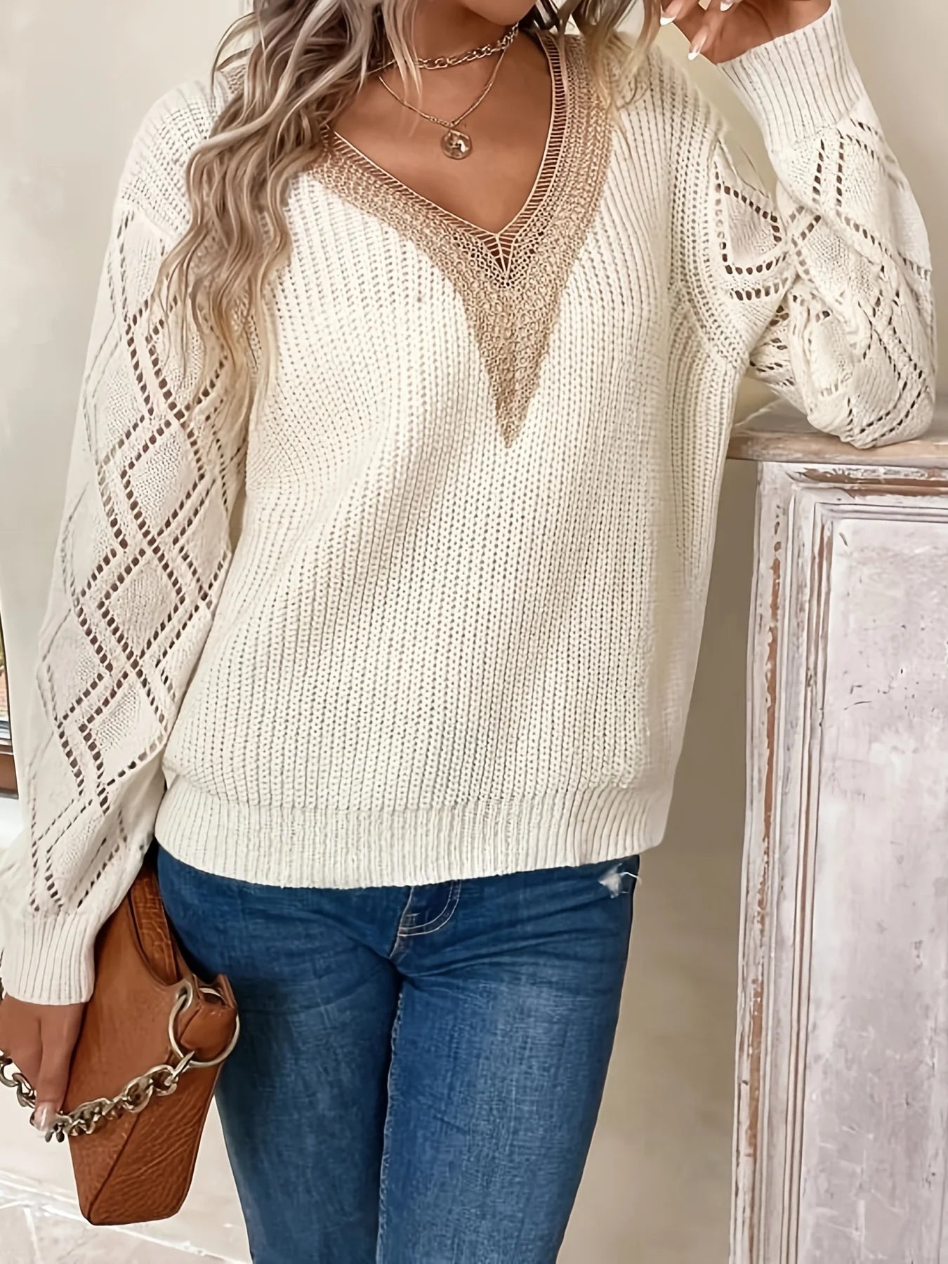 Image of Marina | Women's V-Neck Open Knit Sweater