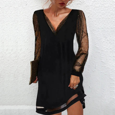 Matilde - Elegant Mid-Length Dress with V-Neck and Lace Details