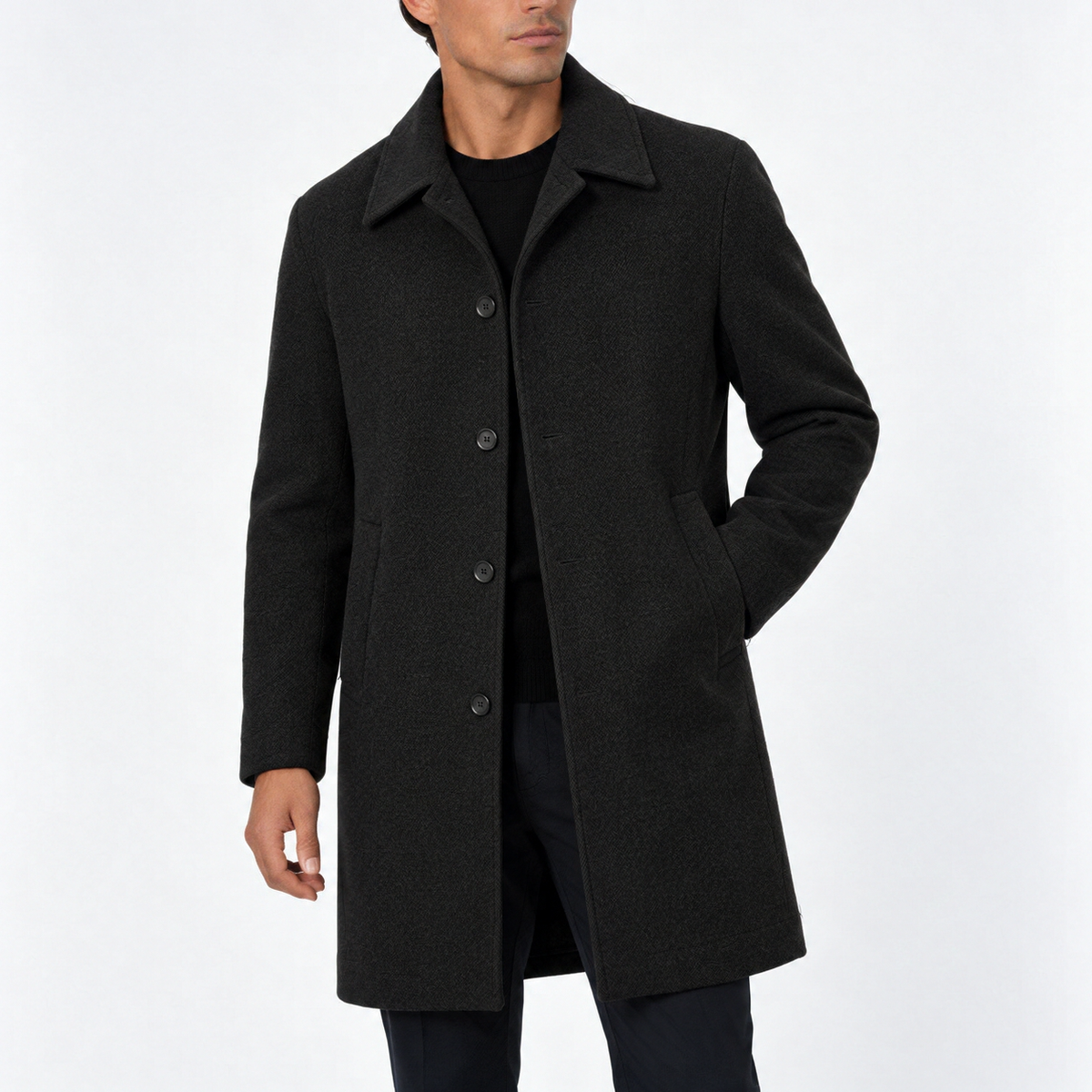 Men's Classic Single-Breasted Overcoat with Button Closure and Side Pockets