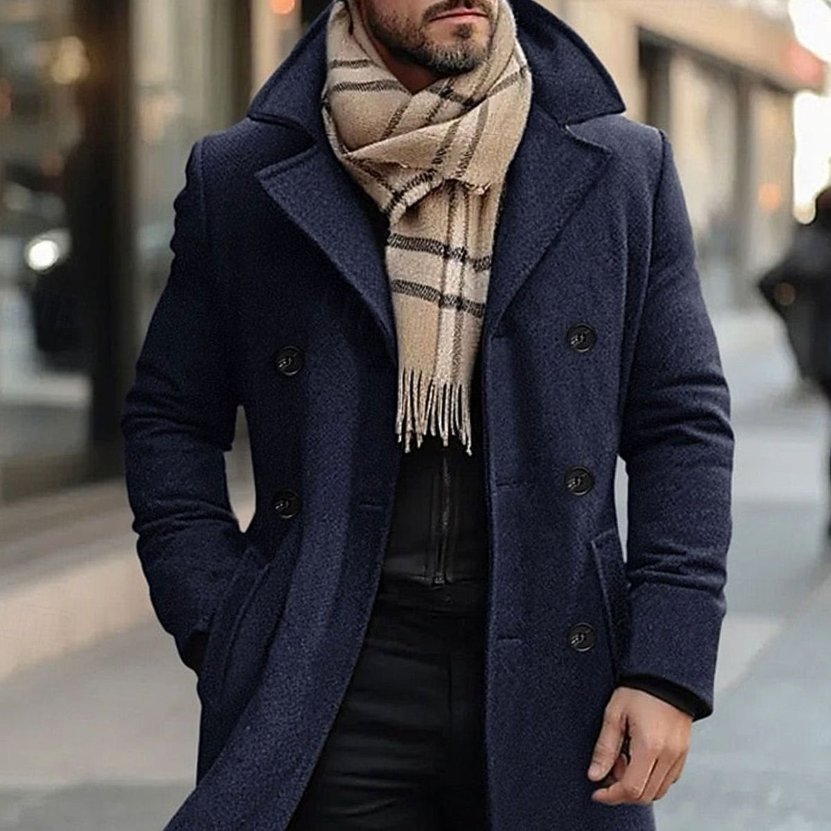Men's Double-Breasted Tailored Wool Long Winter Coat