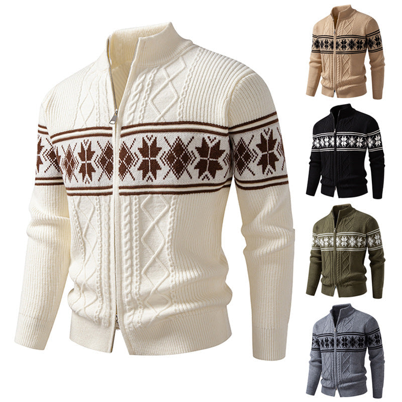 Men's Full-Zip Norwegian Cardigan with High Stand-Up Collar