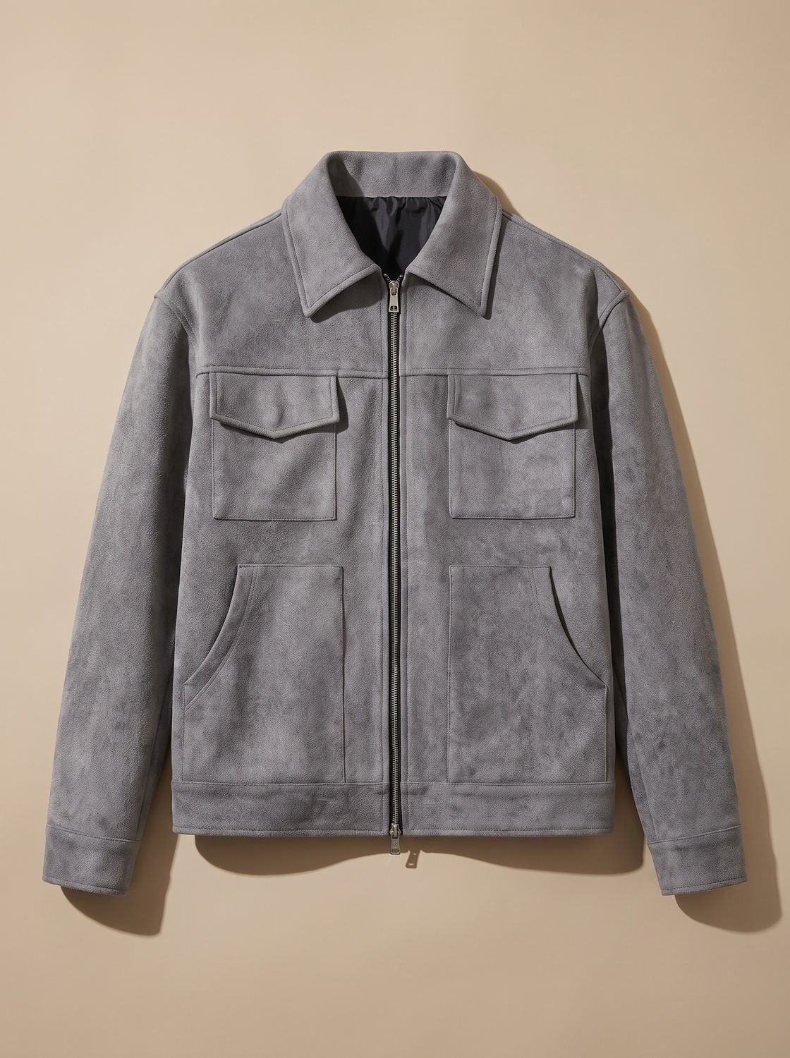 Men's Full-Zip Suede Trucker Jacket with Shirt Collar