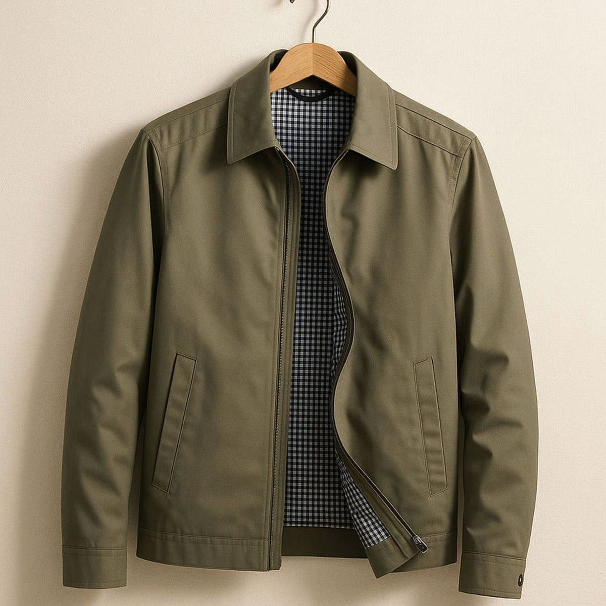 Men's Harrington Bomber Jacket with Checked Lining and Shirt Collar