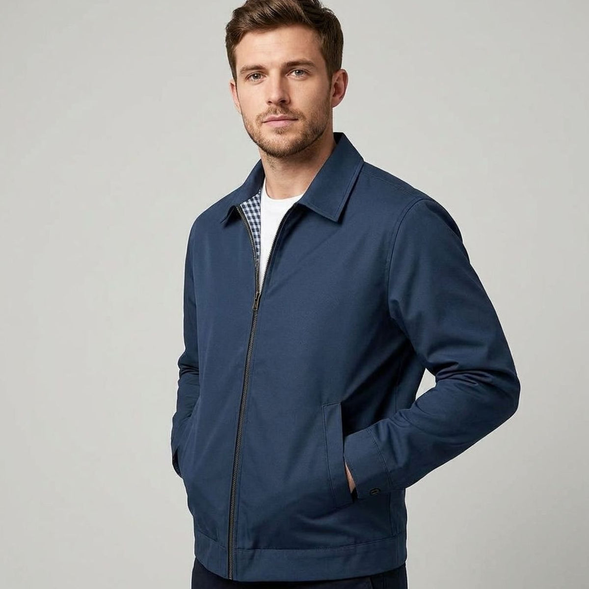 Men's Harrington Bomber Jacket with Checked Lining and Shirt Collar