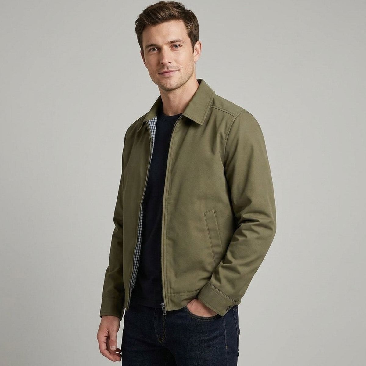 Men's Harrington Bomber Jacket with Checked Lining and Shirt Collar