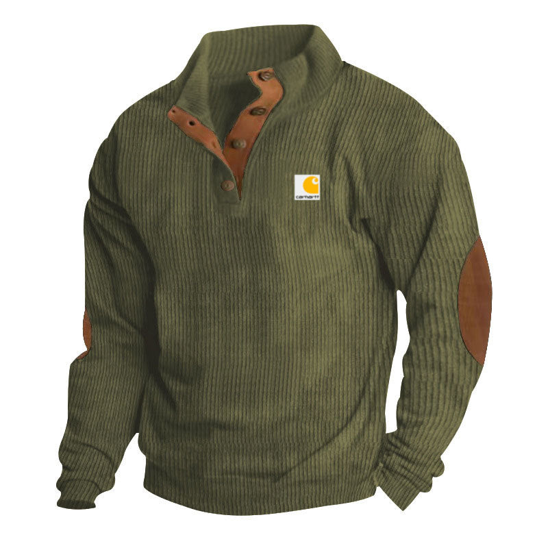 Men's Knit Pullover with Stand-Up Collar, Snap-Button Placket, Leather Trim and Elbow Patches