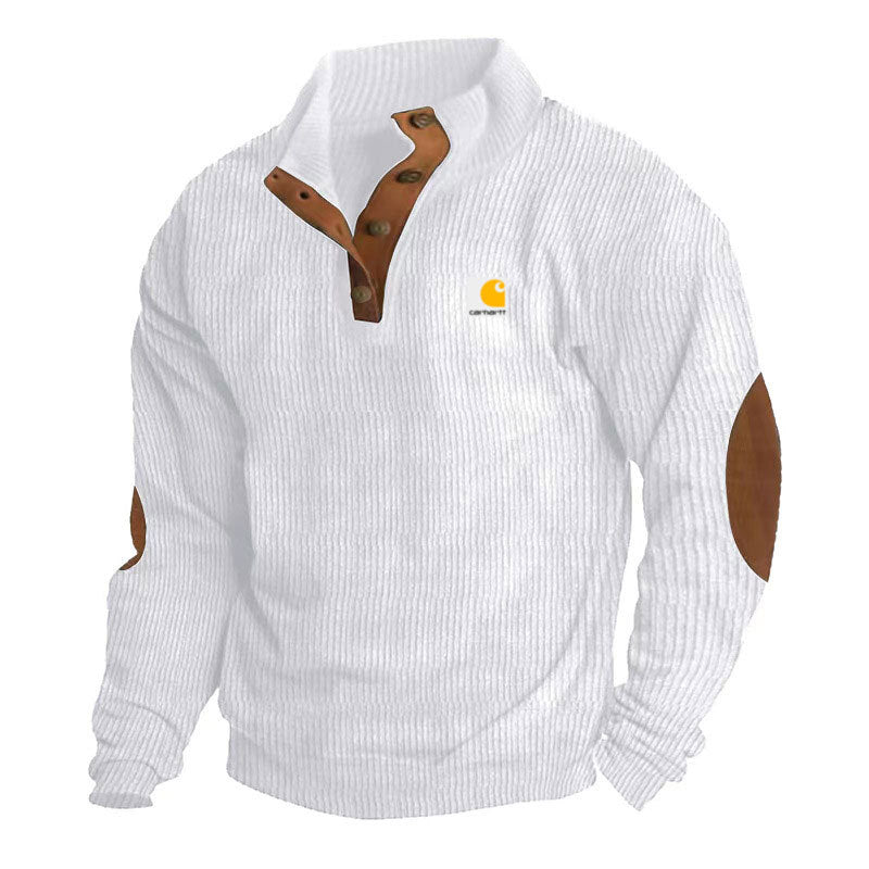 Men's Knit Pullover with Stand-Up Collar, Snap-Button Placket, Leather Trim and Elbow Patches