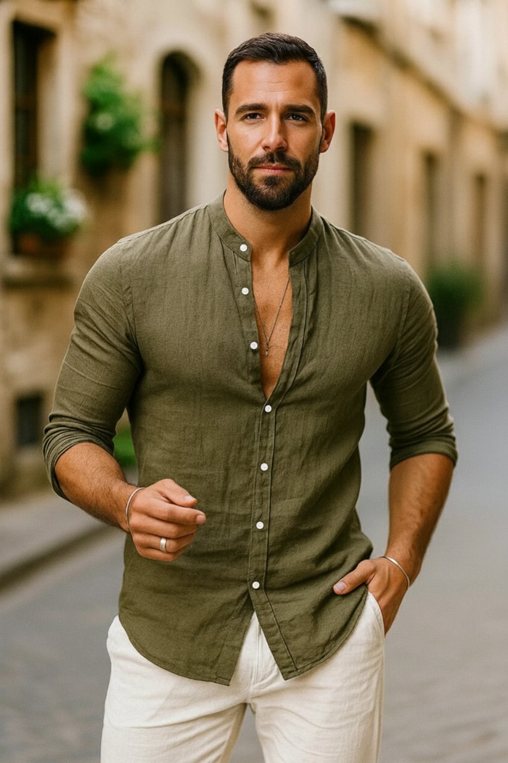 Men's Linen Band Collar Long Sleeve Casual Shirt