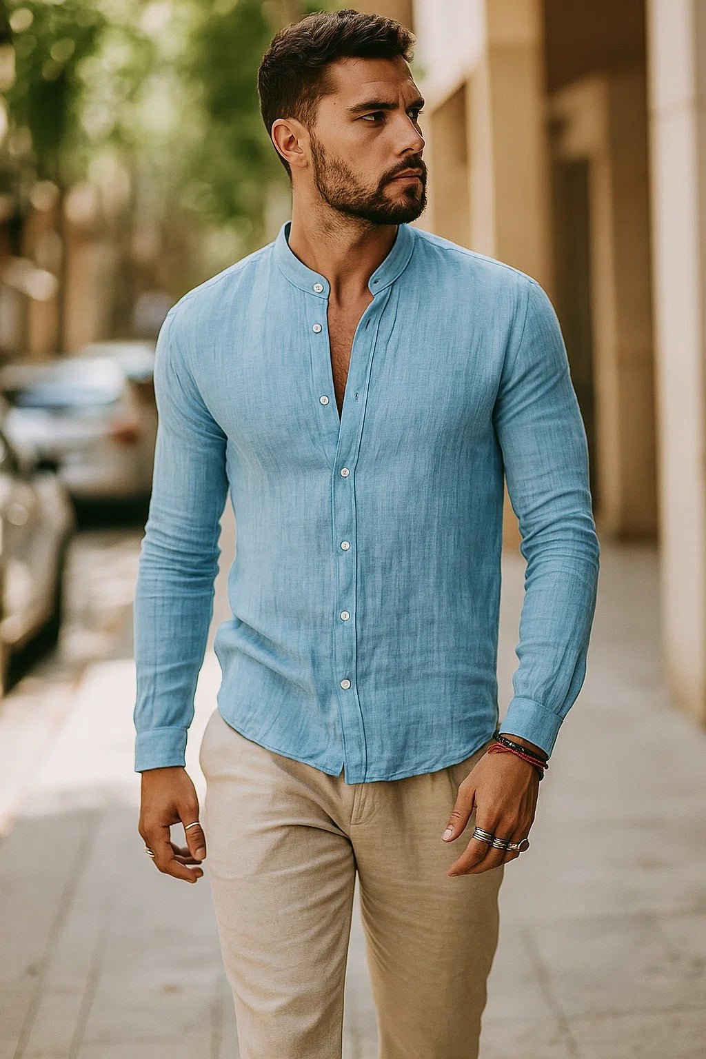 Men's Linen Band Collar Long Sleeve Casual Shirt