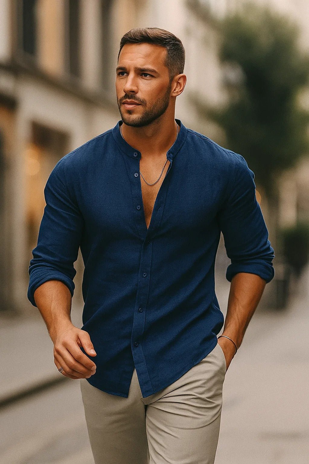 Men's Linen Band Collar Long Sleeve Casual Shirt