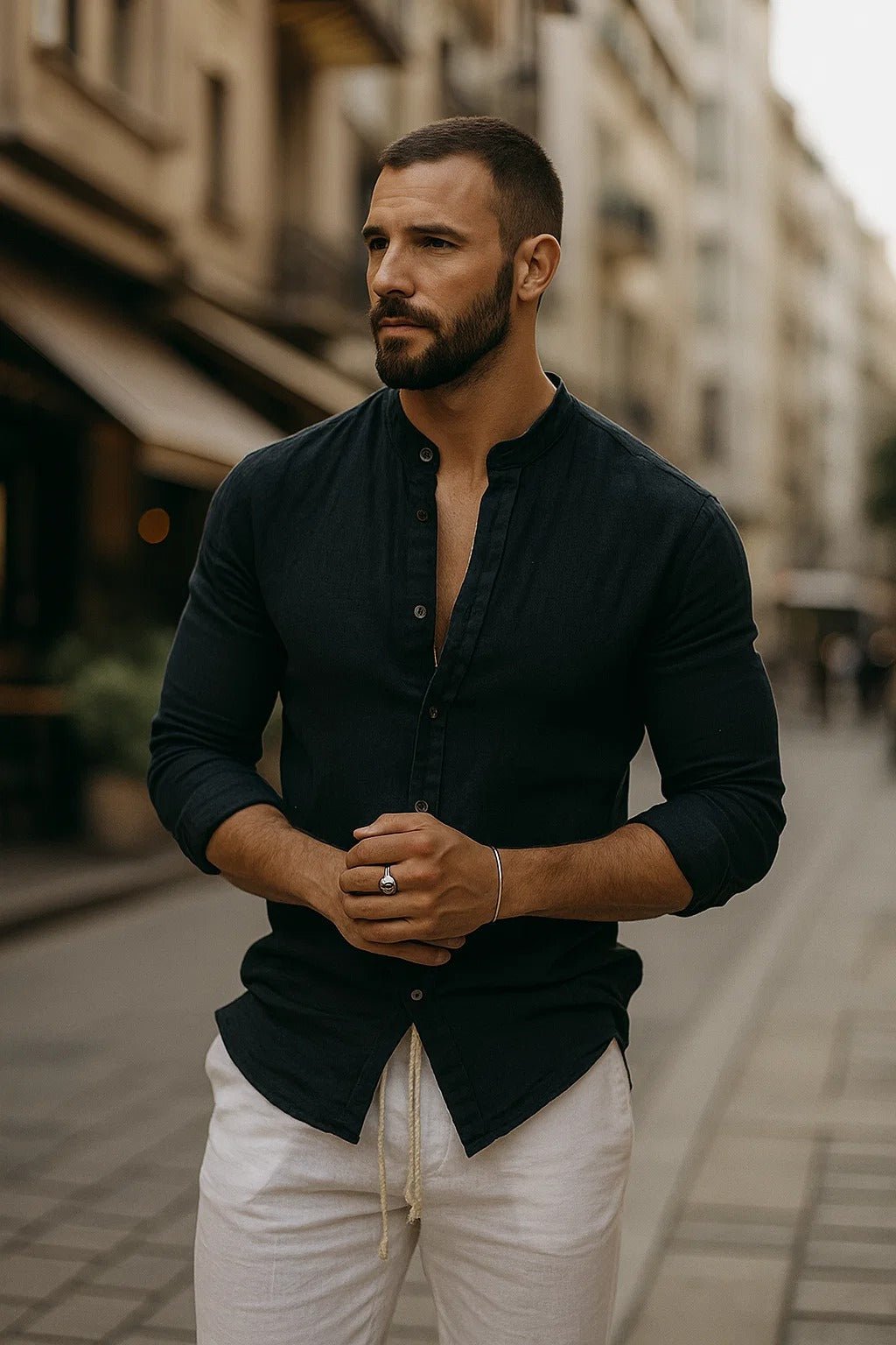 Men's Linen Band Collar Long Sleeve Casual Shirt