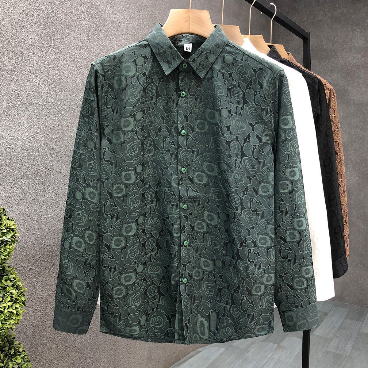 Men's Long-Sleeve Floral Jacquard Shirt with Kent Collar
