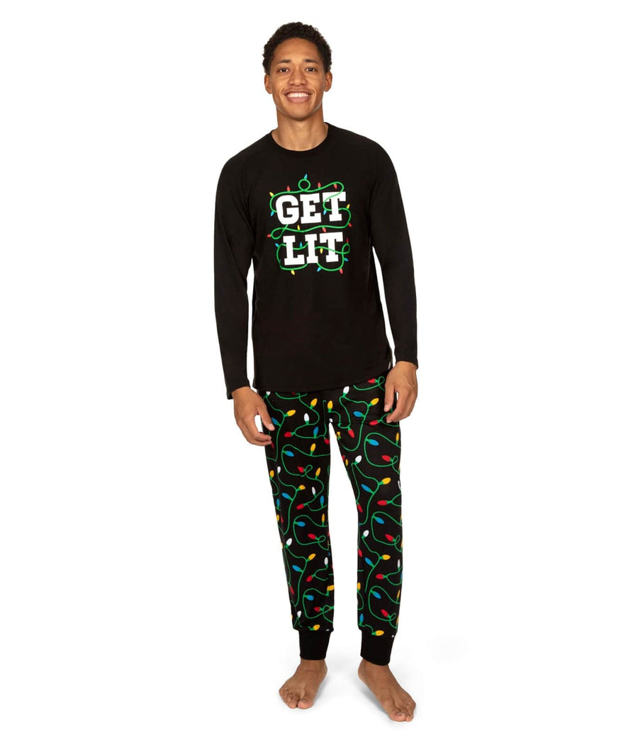 Men's Long-Sleeve Holiday Pajama Set with Get Lit Text Graphic