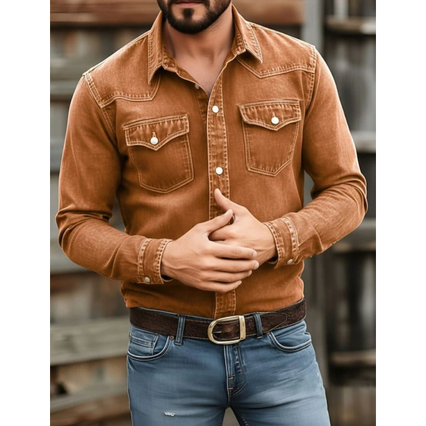 Men's Long-Sleeve Western Denim Shirt with Snap-Button Chest Pockets