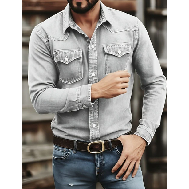 Men's Long-Sleeve Western Denim Shirt with Snap-Button Chest Pockets