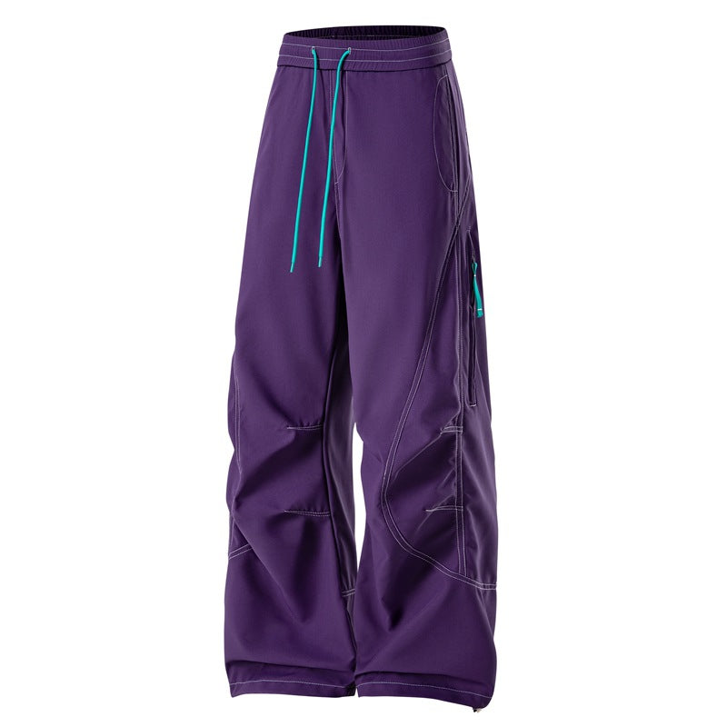 Men's Loose Cargo Pants with Elastic Waistband, Drawstring and Side Zip Pockets
