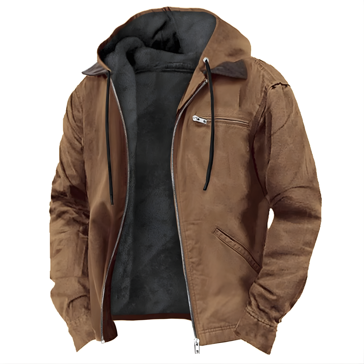Men's PU Hooded Jacket - Long Design with Hood and Cotton Lining - Winter and Everyday Jacket