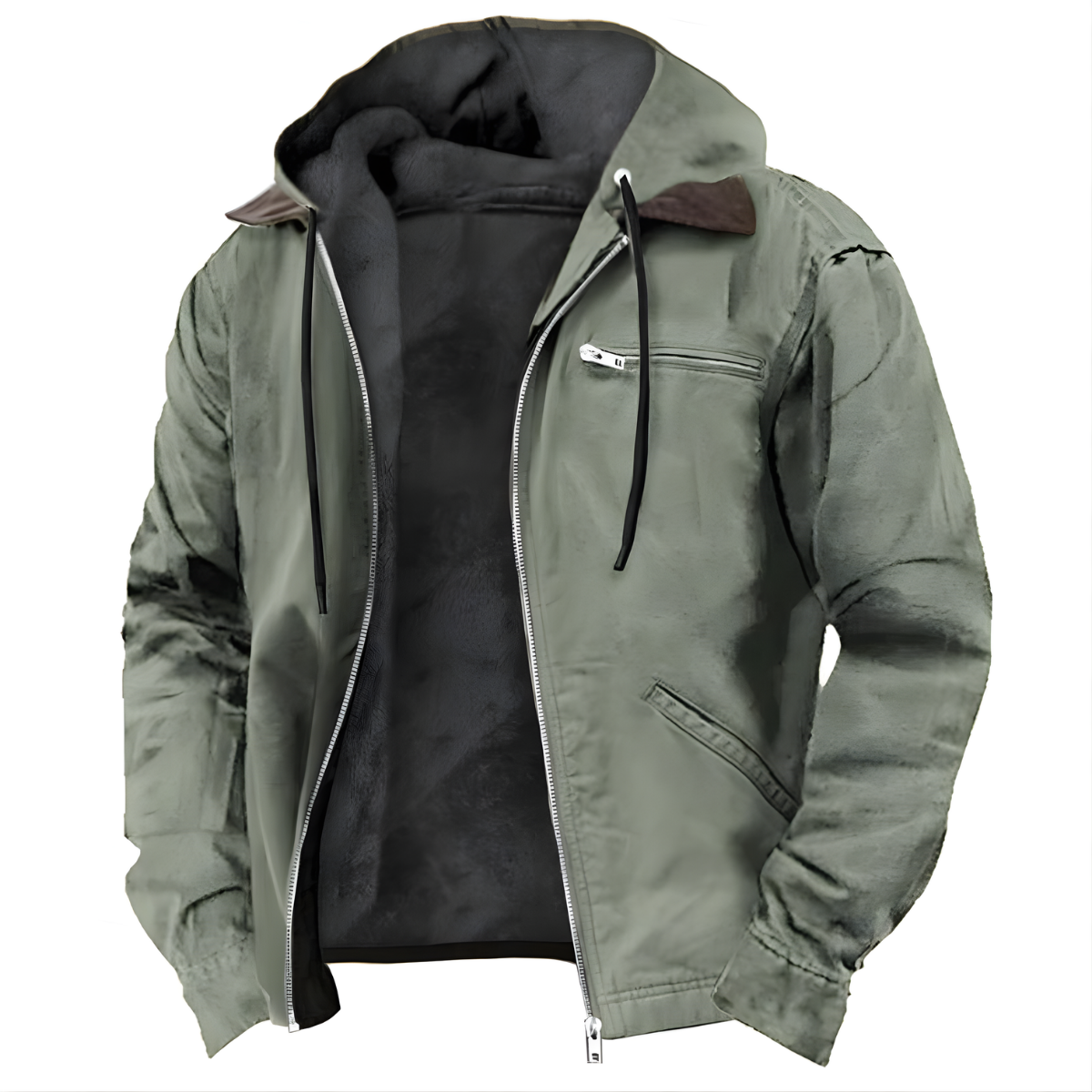 Men's PU Hooded Jacket - Long Design with Hood and Cotton Lining - Winter and Everyday Jacket