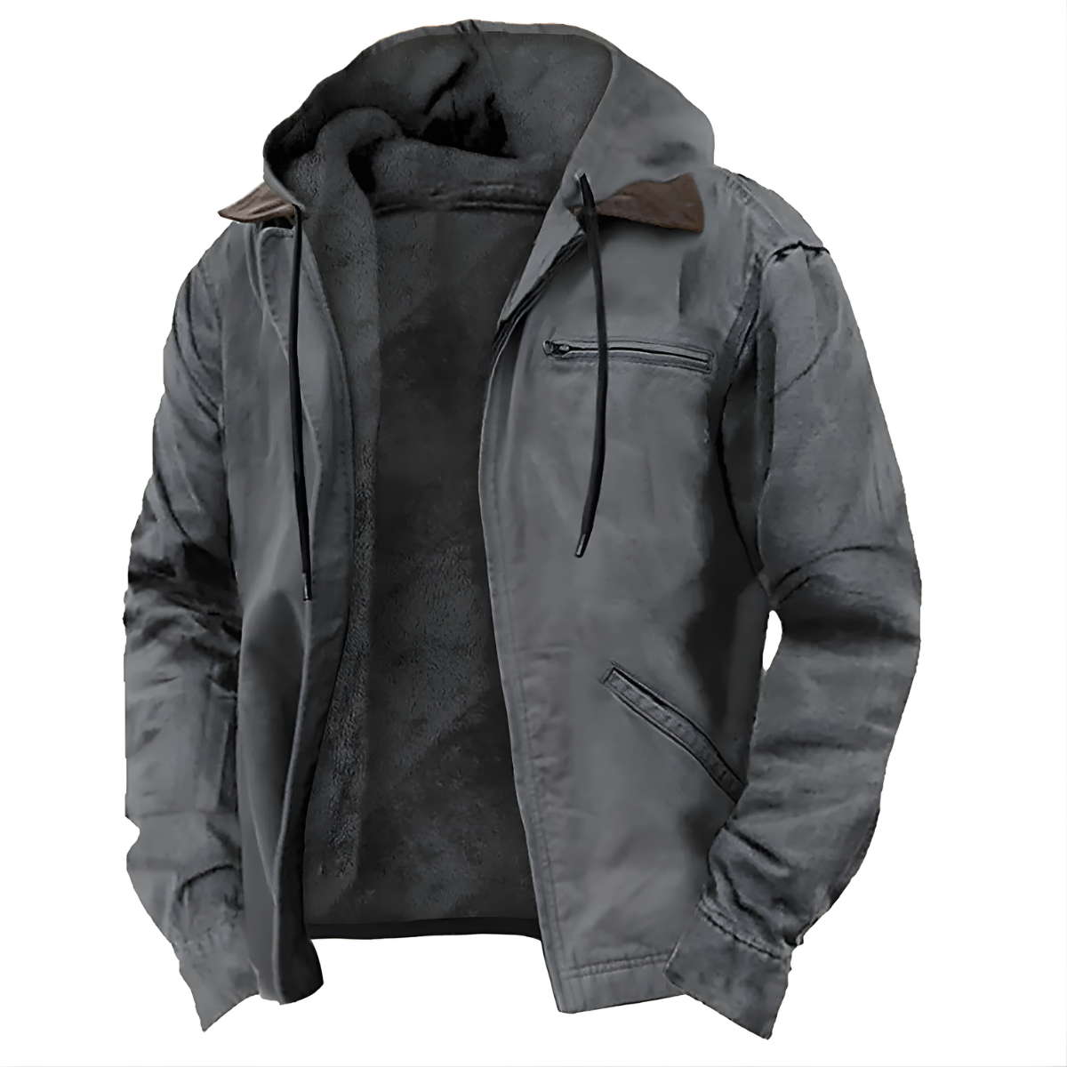 Men's PU Hooded Jacket - Long Design with Hood and Cotton Lining - Winter and Everyday Jacket