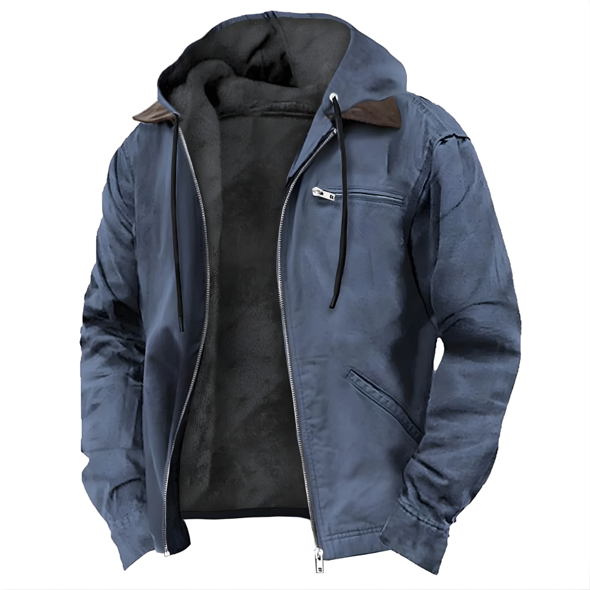 Men's PU Hooded Jacket - Long Design with Hood and Cotton Lining - Winter and Everyday Jacket