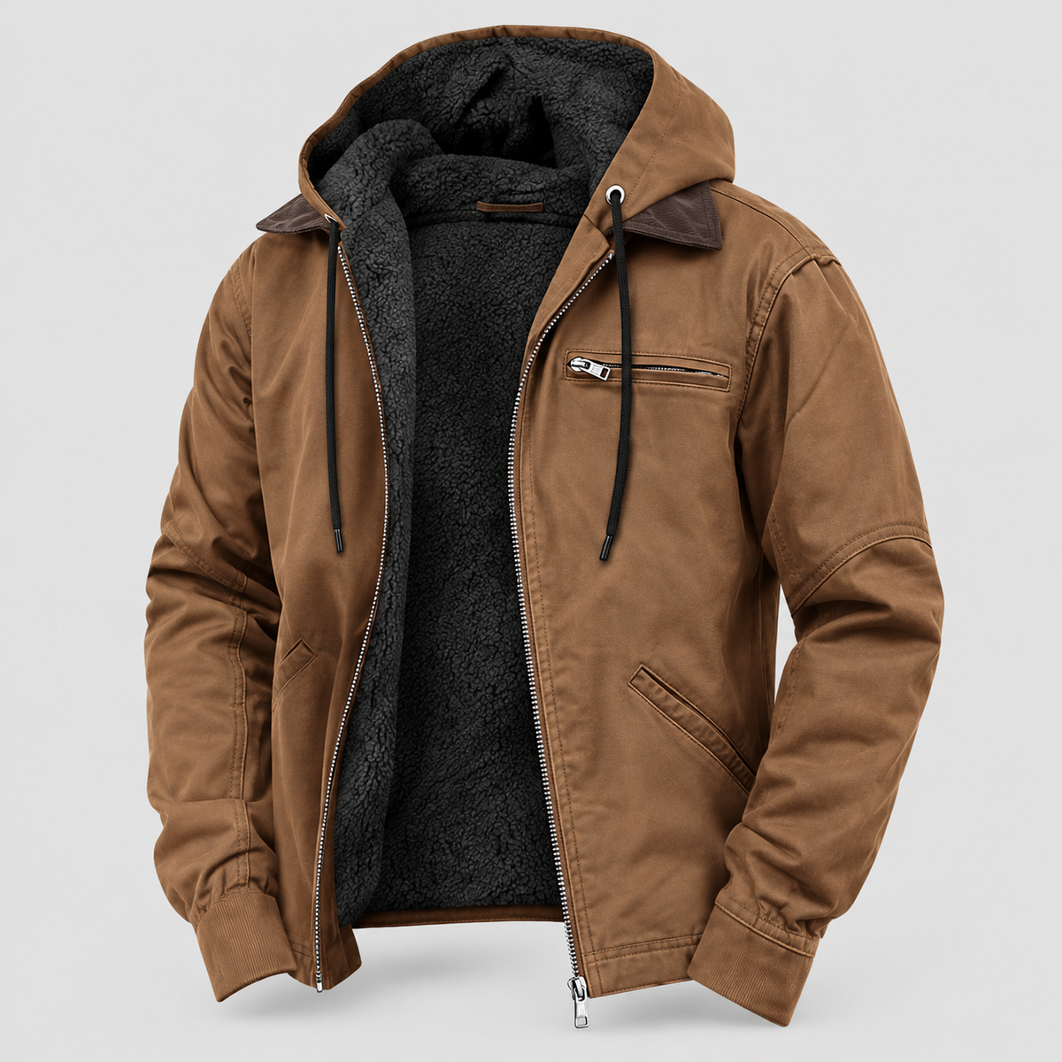 Men's PU Hooded Jacket - Long Design with Hood and Cotton Lining - Winter and Everyday Jacket