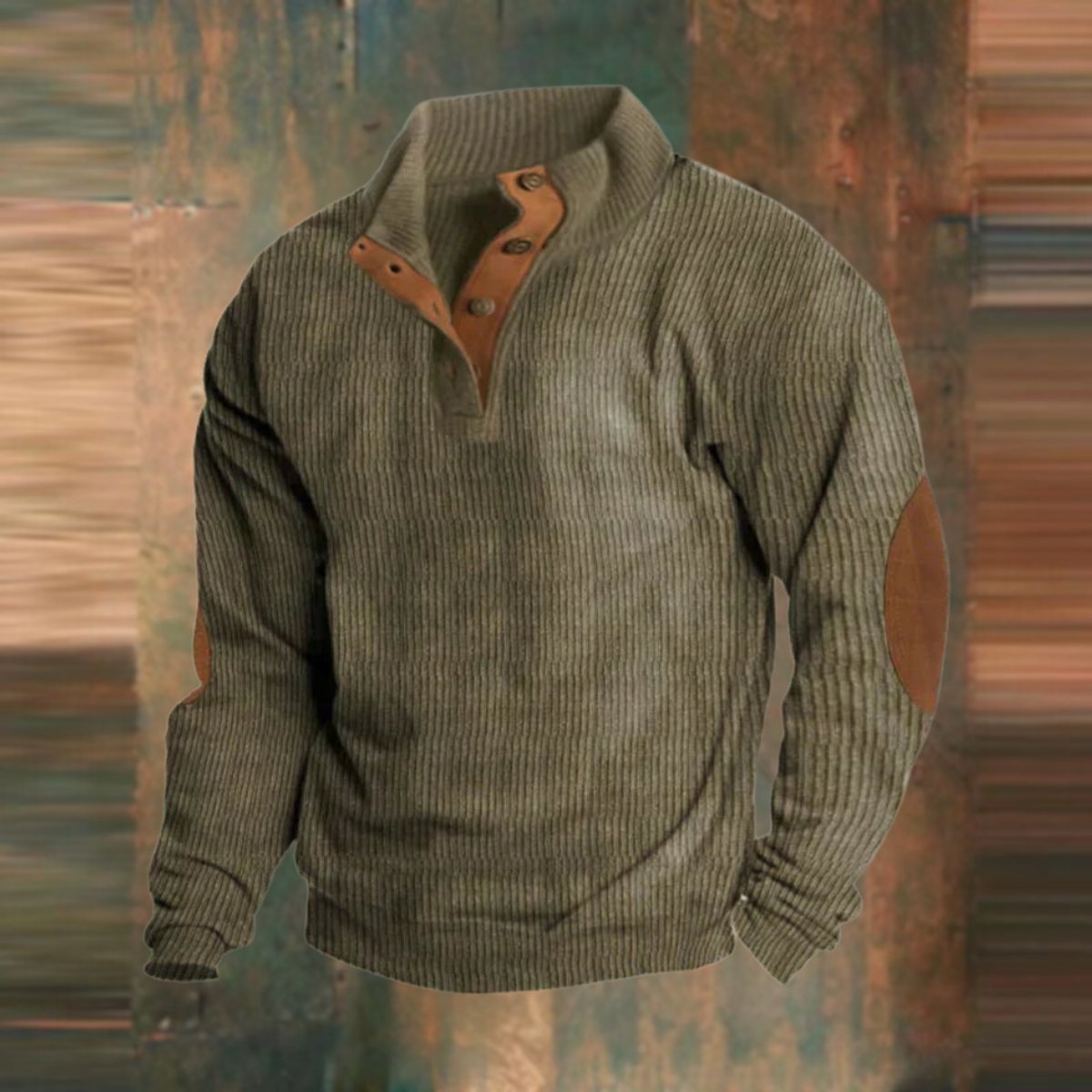 Men's Ribbed Knit Stand-Collar Pullover Sweater with Elbow Patches