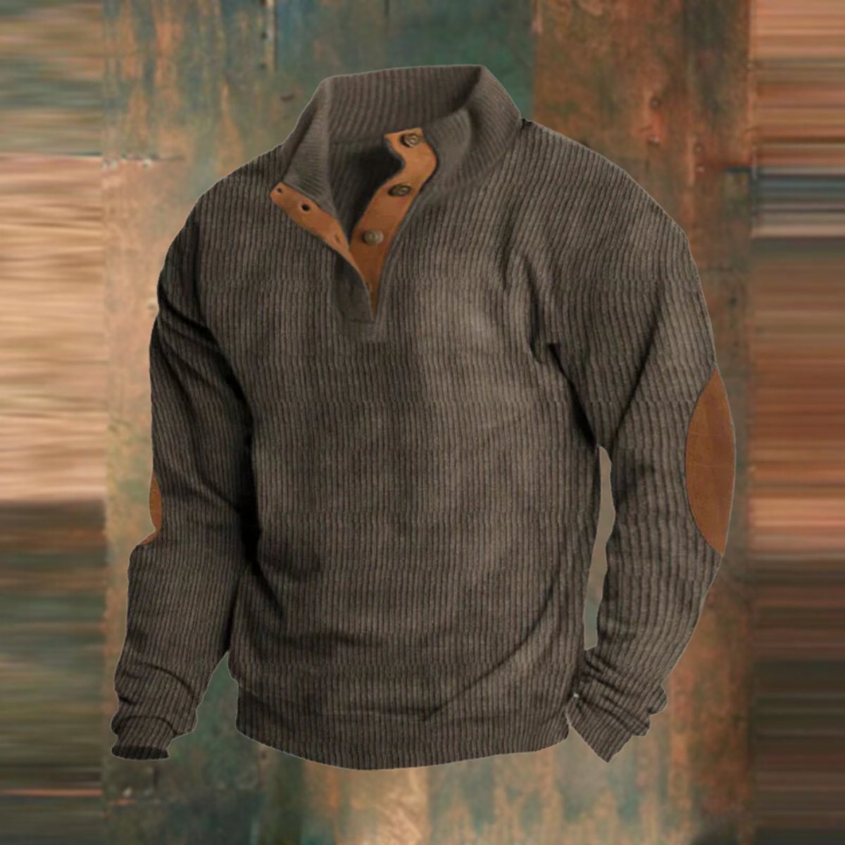 Men's Ribbed Knit Stand-Collar Pullover Sweater with Elbow Patches