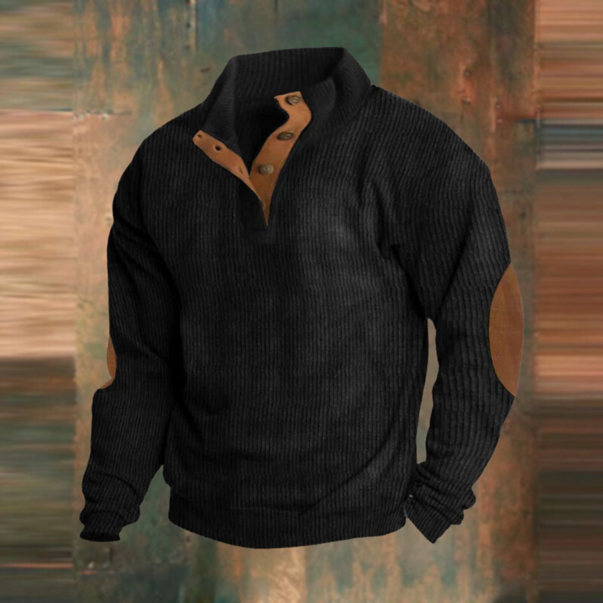 Men's Ribbed Knit Stand-Collar Pullover Sweater with Elbow Patches